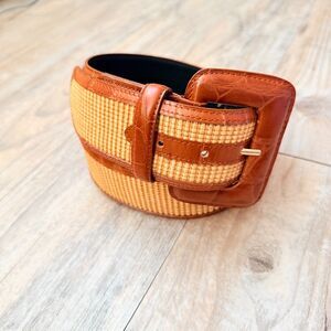 Field Manor Woven Leather Belt Size 32 Brown Tan Raffia Wide Boho Statement Belt